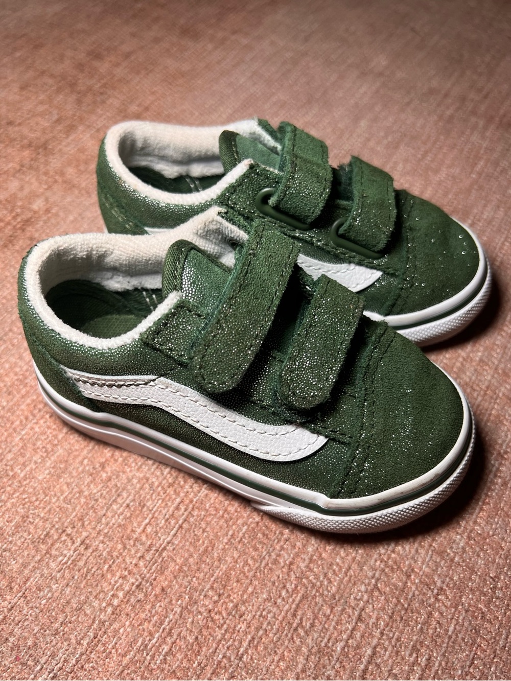 Vans toddler 5 green shiny hook and loop shoes sneakers